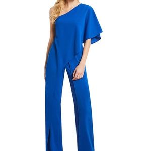 Adrianna Papell Stretch One Shoulder Short Flutter Sleeve Jumpsuit